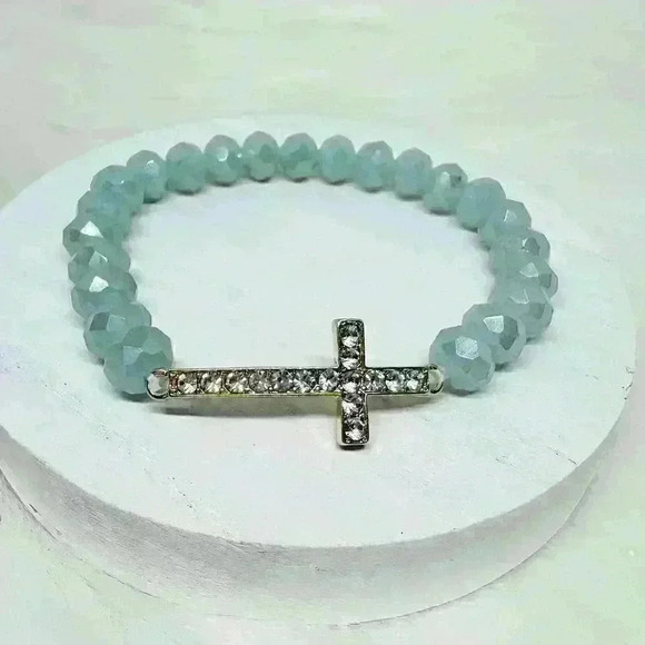 Navy Blue Beaded Bracelet with Rhinestones Cross - Picture 6 of 6